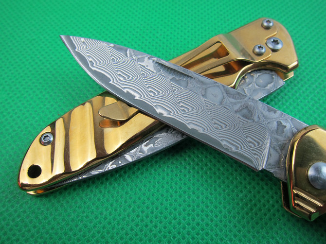 Gold titanium Damascus folding knife  limited edition  UDTEK01941